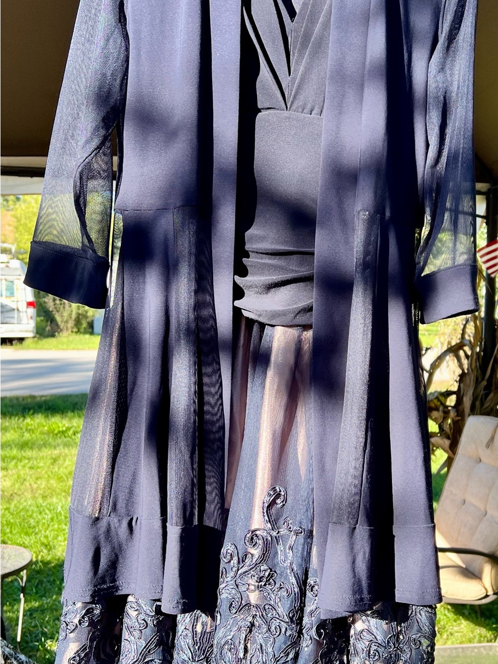 S.L. Fashions Navy Sheer Robe with Embroidered Dress